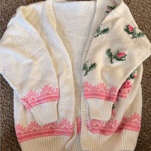 Floral Patterned Cream and Pink Women's Sweater